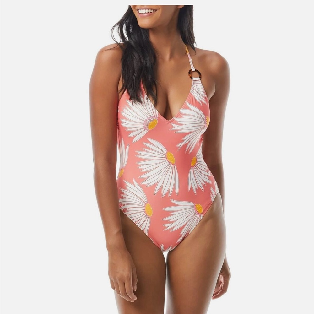 Kate Spade Pink and White One-Piece Swimsuit with Plunging V-Neck